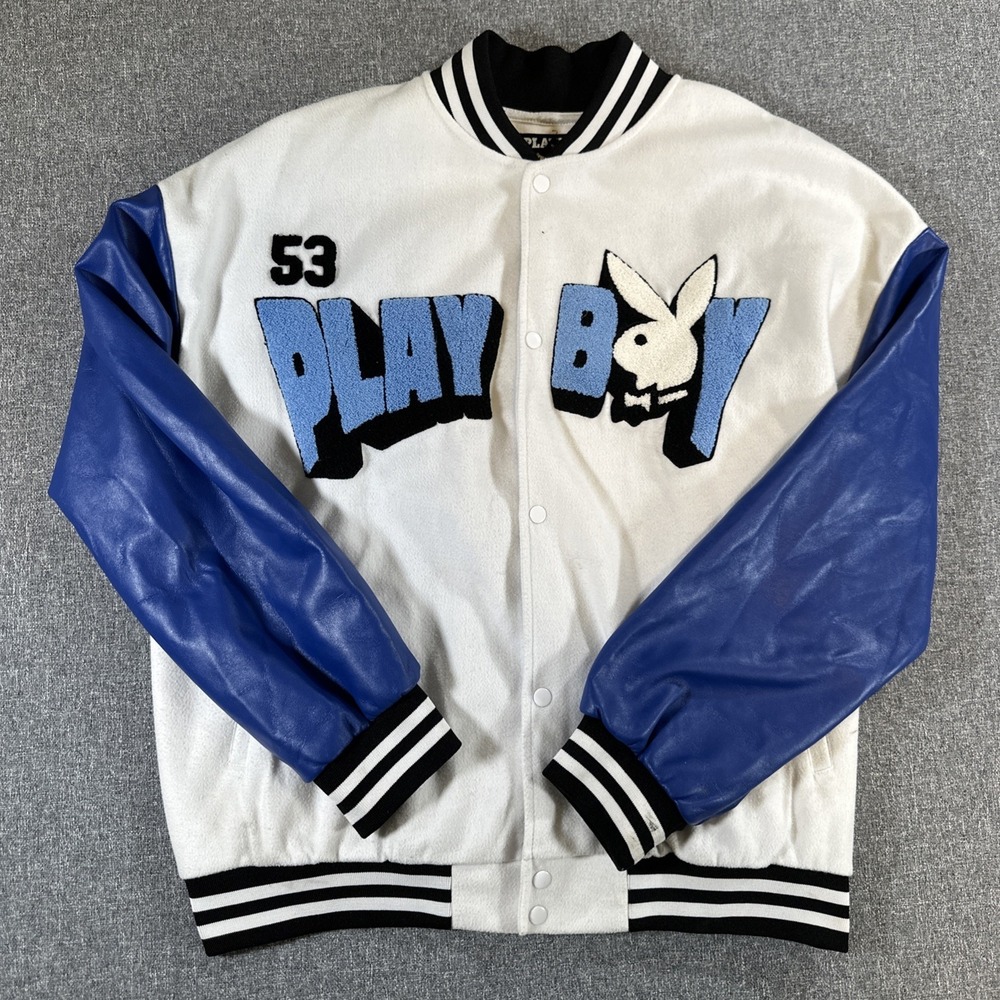 Playboy Varsity Jacket Mens Large RARE Blue White Snap Bomber Logo Streetwear